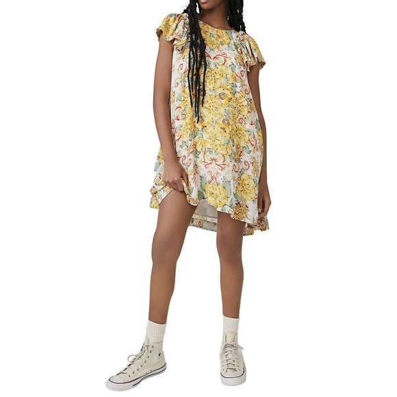Free People Yara Floral Printed Peasant Flutter Sleeve Mini Dress Size Large NWT - Picture 5 of 15